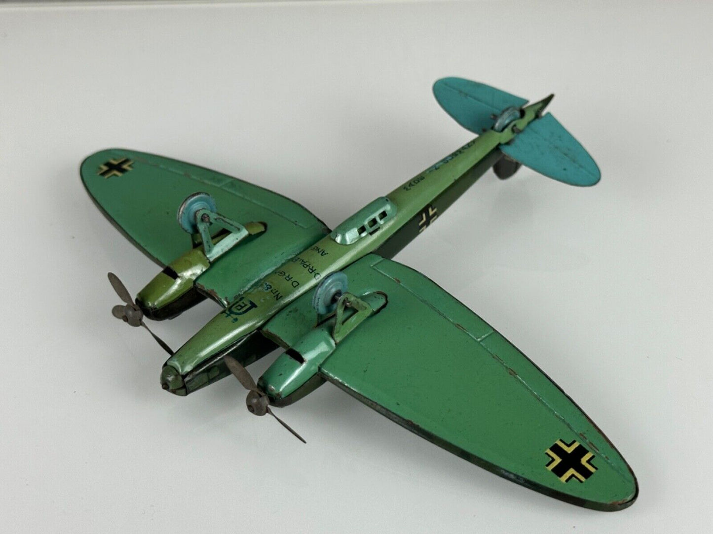 Lehmann Tin Toy Heinkel Fighter Plane WWII Green 5.5 Inch Vintage Germany 1930s