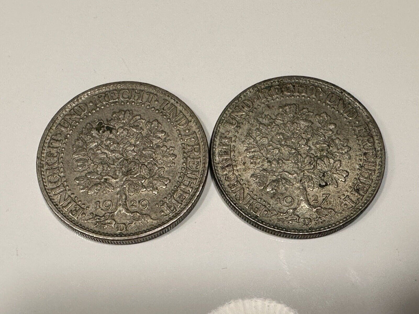German Reich 2x 5 Reichsmark 1927 D & 1929 D Silver Coins Weimarer Republic