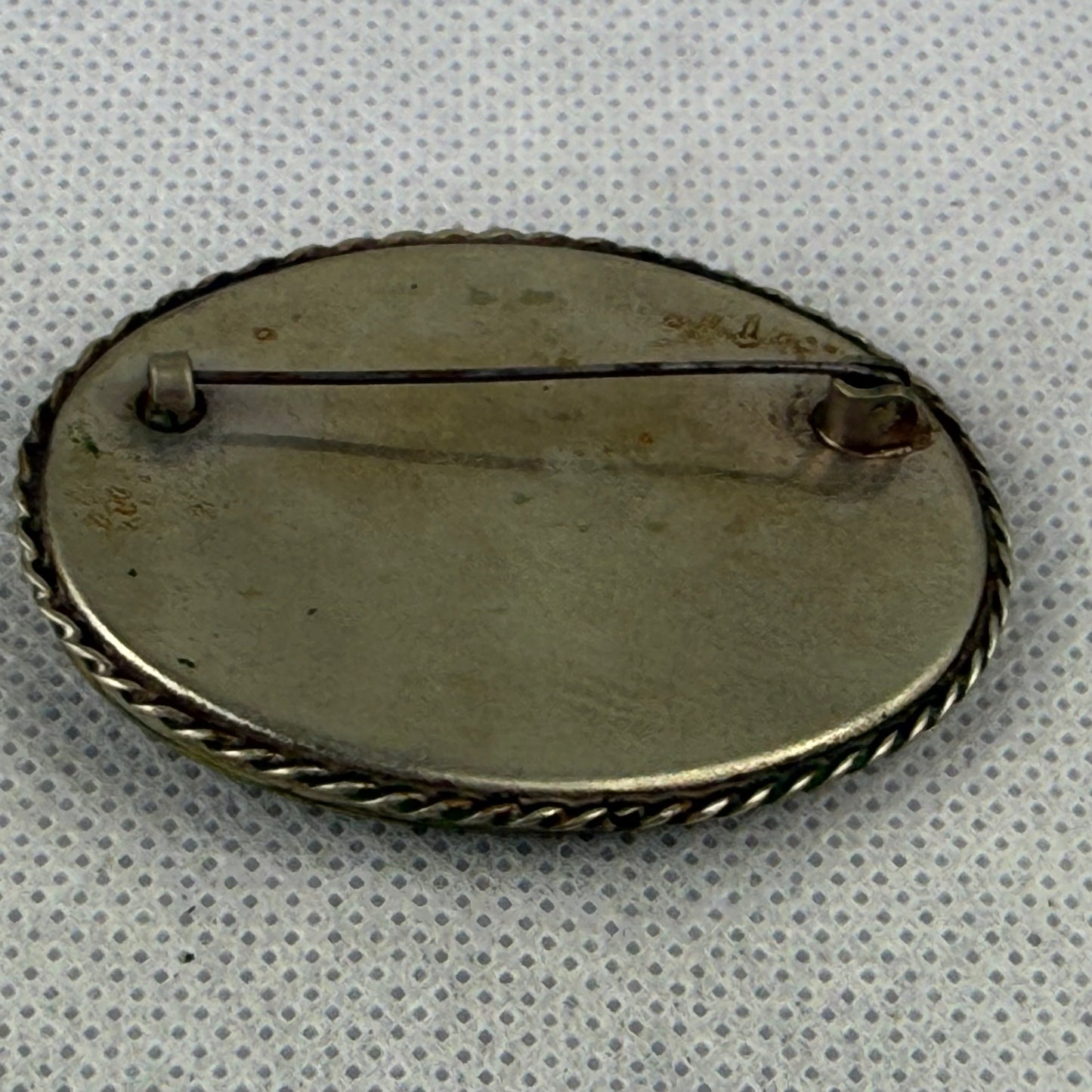 Vintage Hand Painted Mother of Pearl Brooch Silver Frame Landscape Miniature Russian Style Signed 5x4 cm
