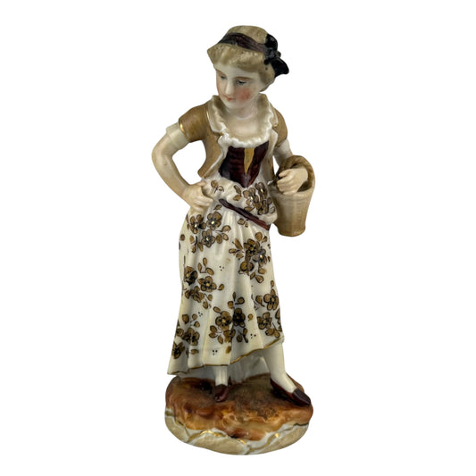 Richard Eckert Porcelain Figurine Girl with Basket – 12 cm – Hand Painted Vintage Figure