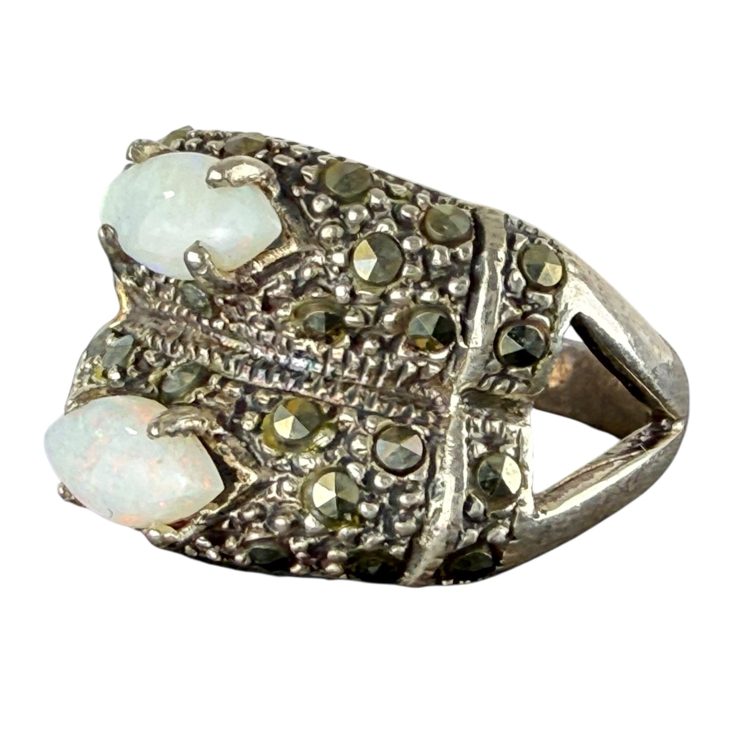 925 Sterling Silver Opal Marcasite Ring Vintage Art Deco Style Size 59