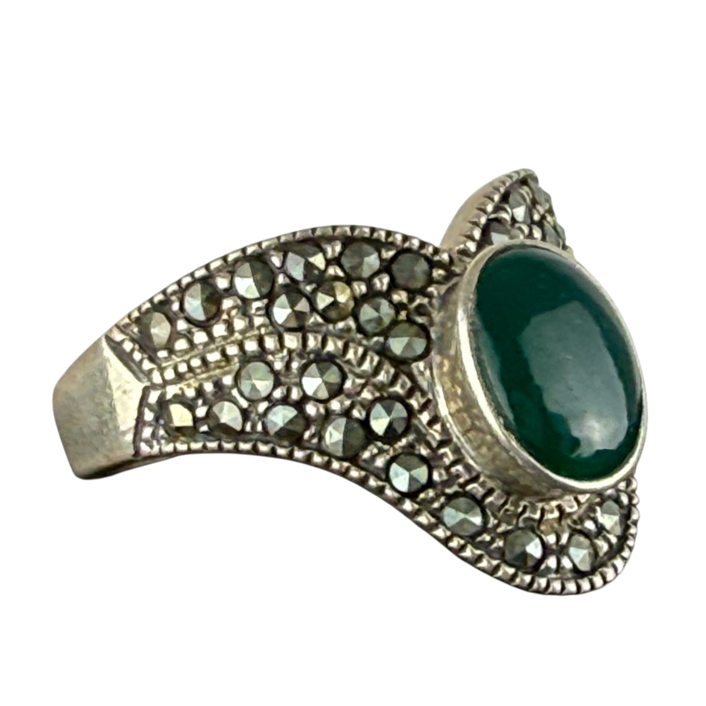 925 Sterling Silver Green Onyx Marcasite Ring Vintage Art Deco Size 60