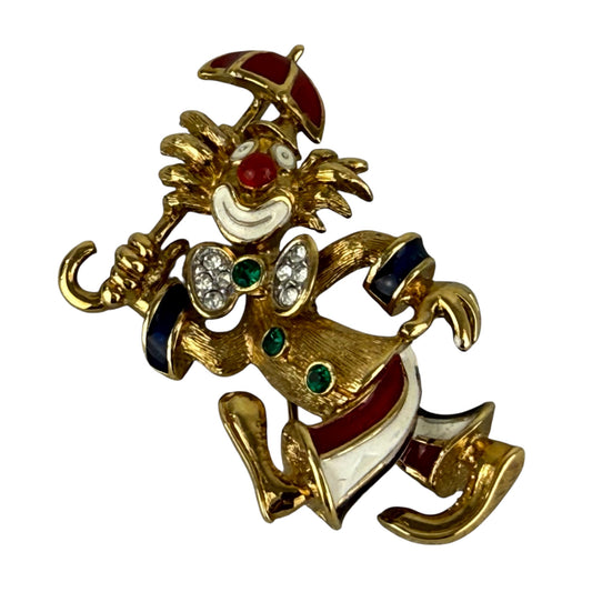 Attwood & Sawyer Clown Brooch Umbrella Swarovski Crystals Enamel 22k Gold Plated Vintage