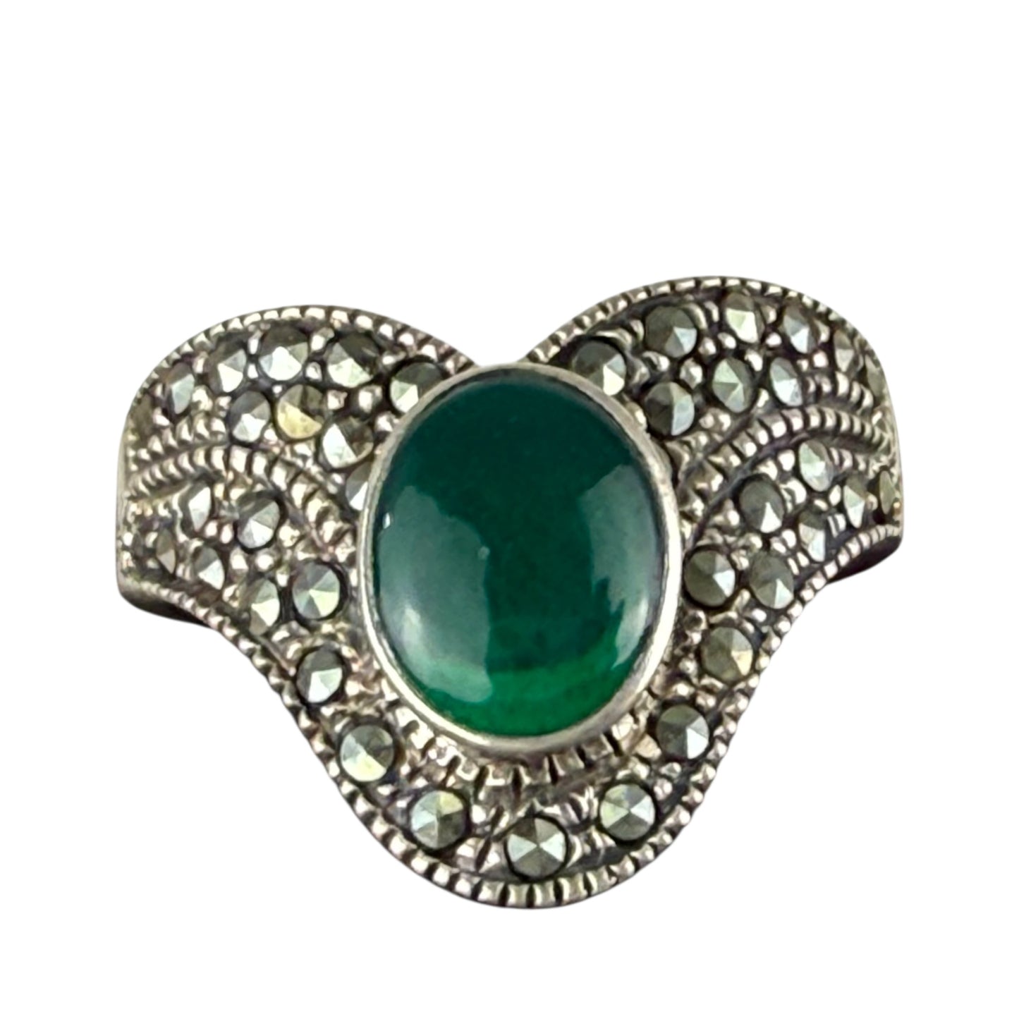 925 Sterling Silver Green Onyx Marcasite Ring Vintage Art Deco Size 60