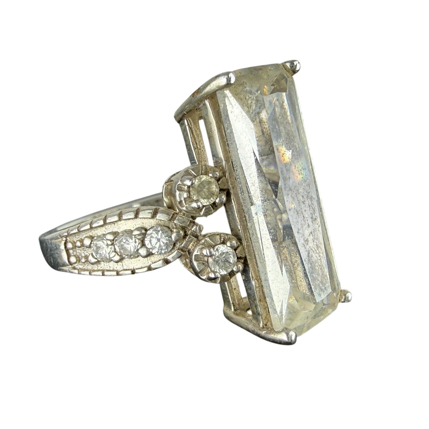 925 Sterling Silver Statement Ring Large Crystal Glass Stone Vintage Size 56