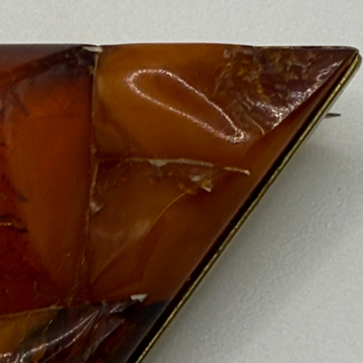 Vintage Amber Triangle Brooch Gold Tone Back Pin Art Deco Style