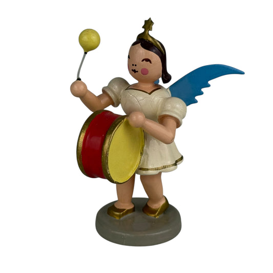 Vintage Erzgebirge Angel with Drum Figurine Wood Christmas Angel 7cm Germany Folk Art Collectible