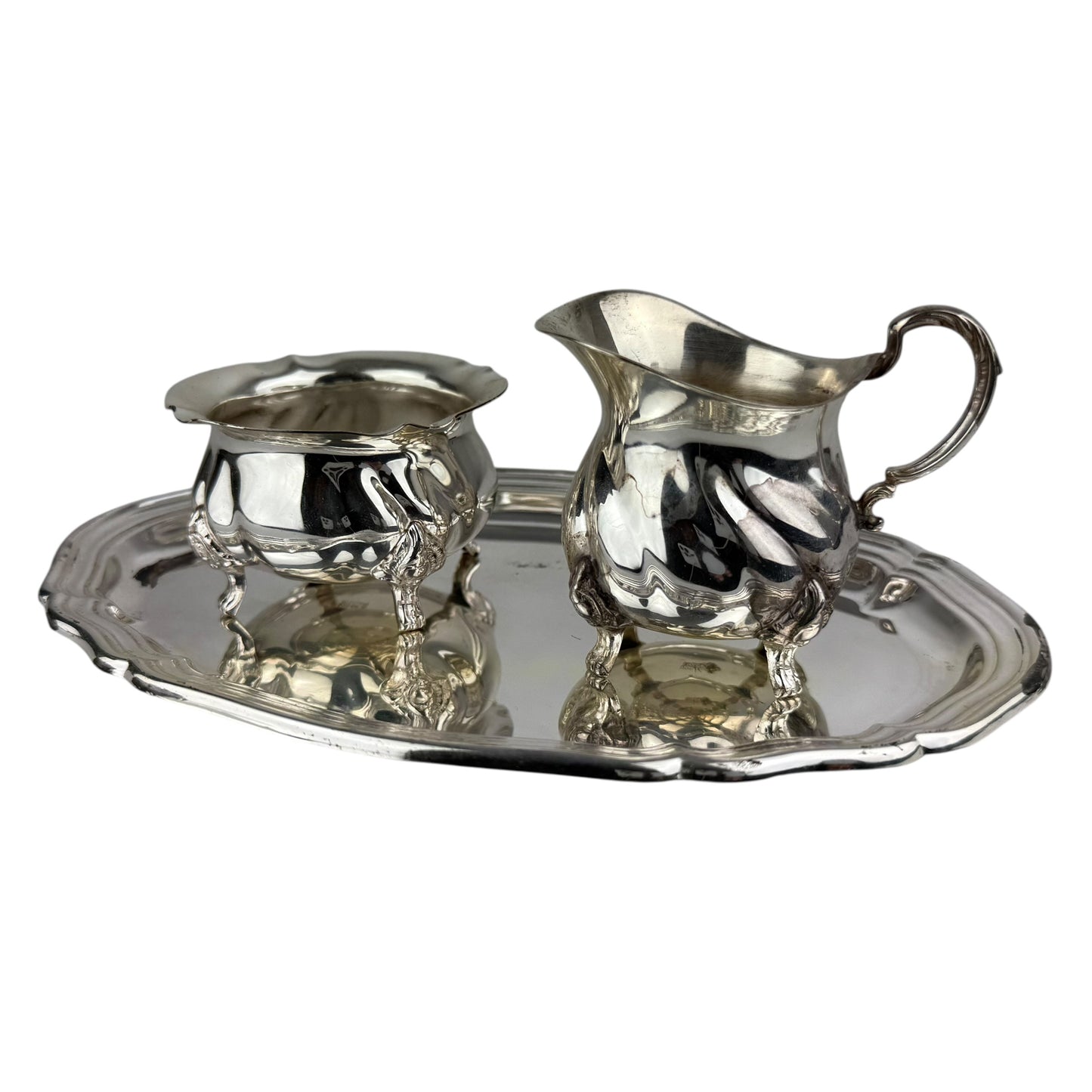 Vintage 925 Sterling Silver Creamer Sugar Bowl & Tray Set – German Hallmarks Crescent Crown