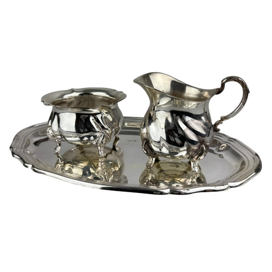 Vintage 925 Sterling Silver Creamer Sugar Bowl & Tray Set – German Hallmarks Crescent Crown