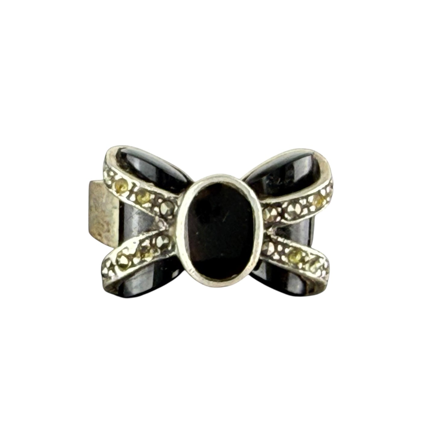 925 Sterling Silver Onyx Marcasite Bow Ring Size 57 Vintage Statement Ring