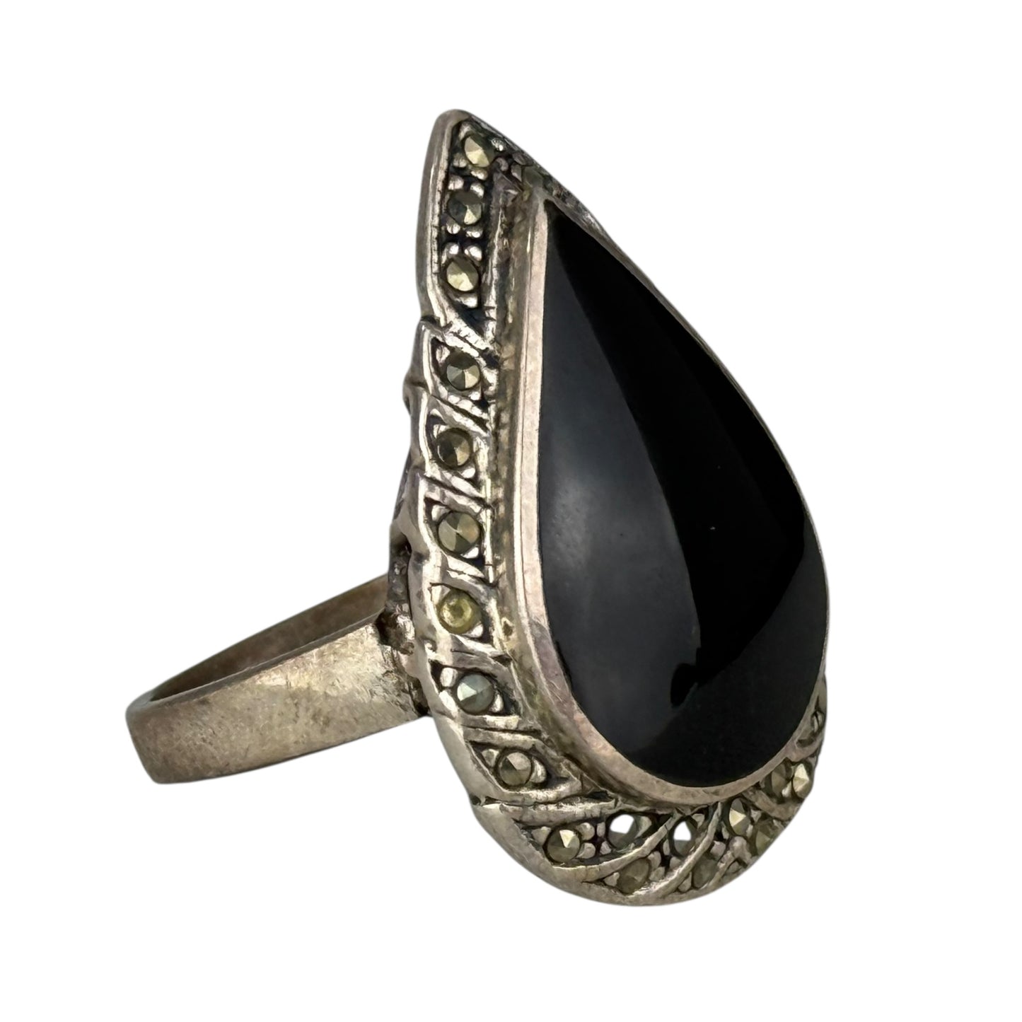 925 Sterling Silver Onyx Marcasite Ring Size 61 Vintage Art Deco 9.3 g