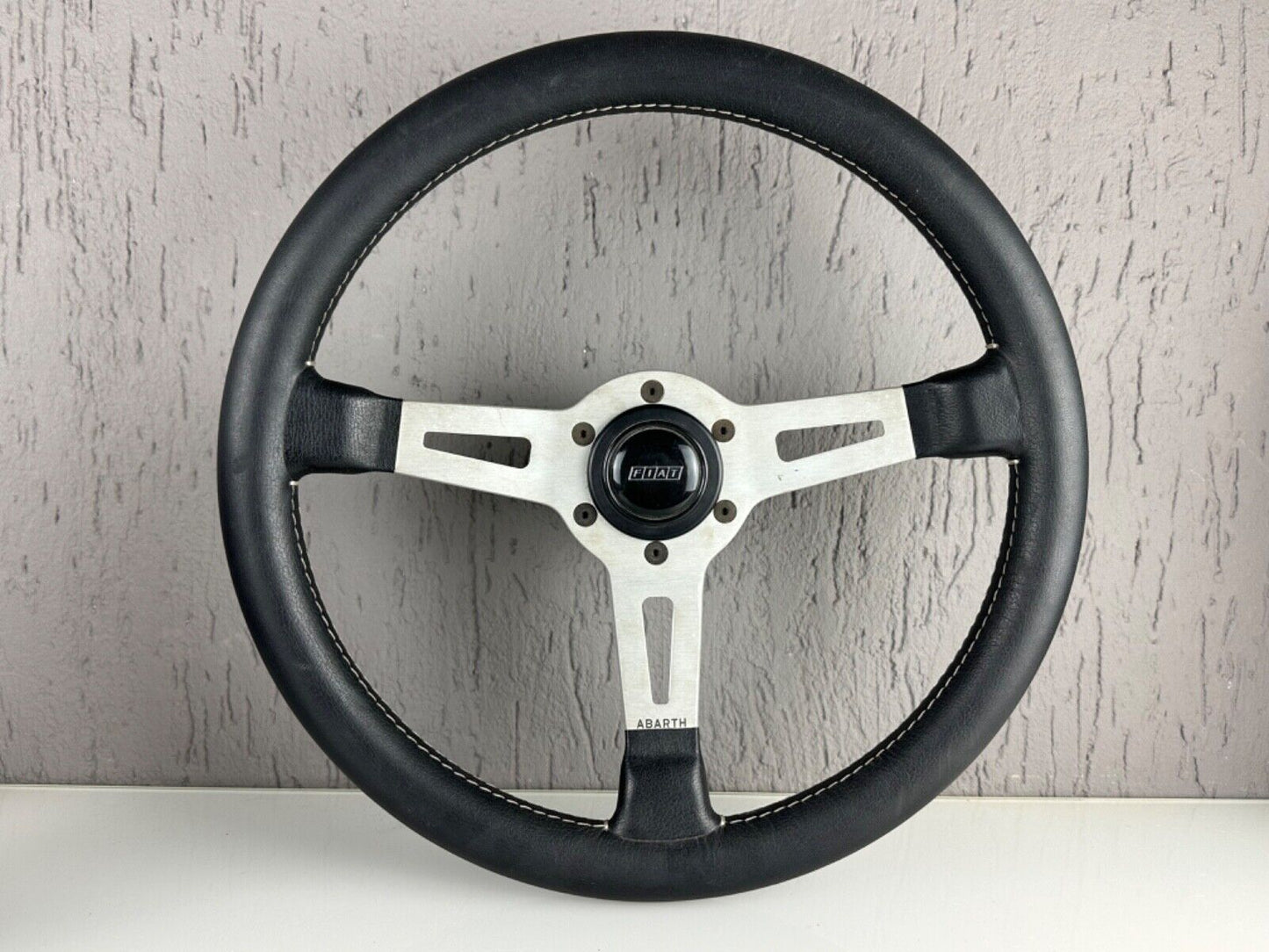 Vintage Abarth Rally Steering Wheel with Fiat Horn Button Black Leather Italy