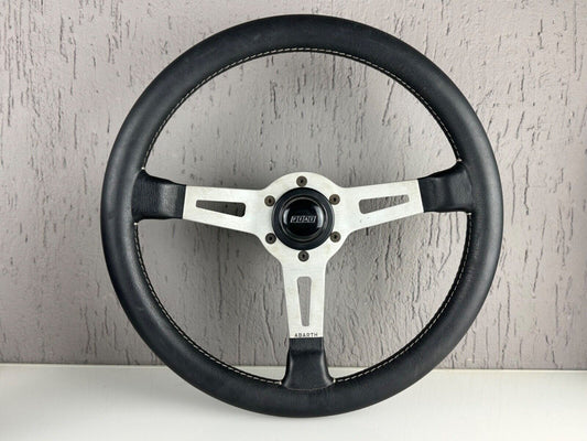 Vintage Abarth Rally Steering Wheel with Fiat Horn Button Black Leather Italy