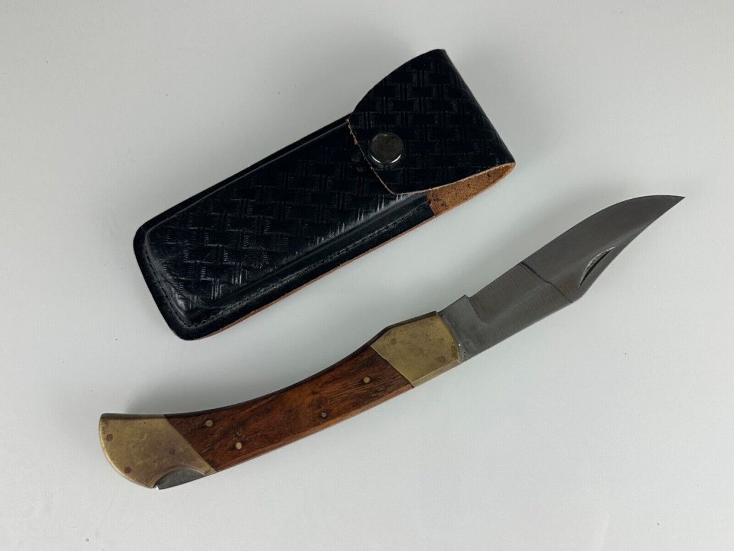 Vintage Navaja Folding Lock Knife Large 11" Wood Brass with leather case
