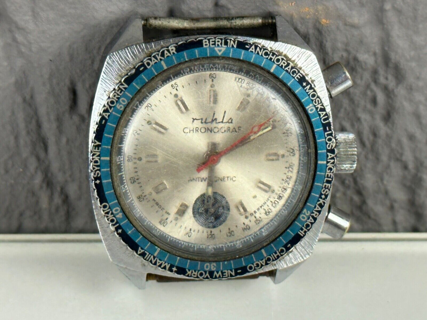 Ruhla World Chronograf Antimagnetic made in Germany Blue Silver