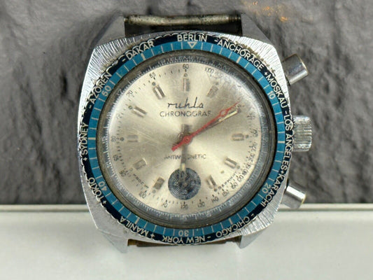 Ruhla World Chronograf Antimagnetic made in Germany Blue Silver