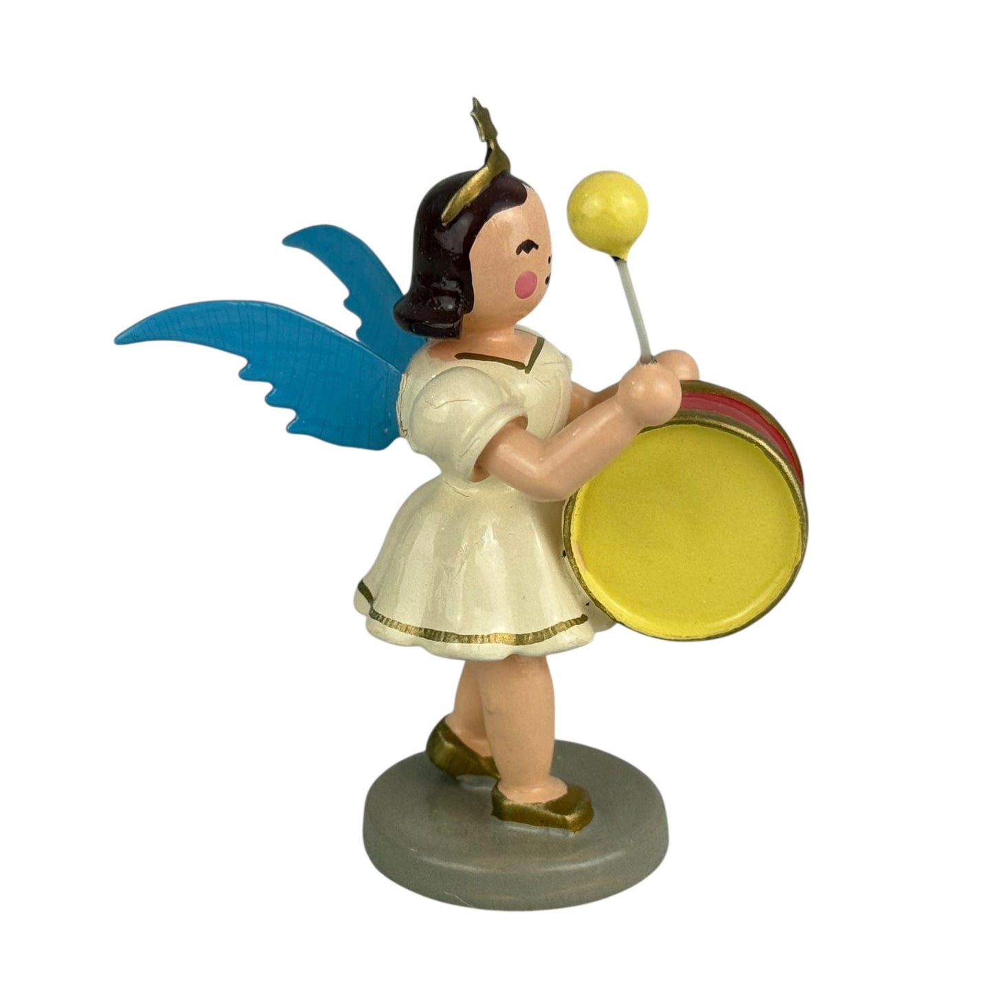 Vintage Erzgebirge Angel with Drum Figurine Wood Christmas Angel 7cm Germany Folk Art Collectible