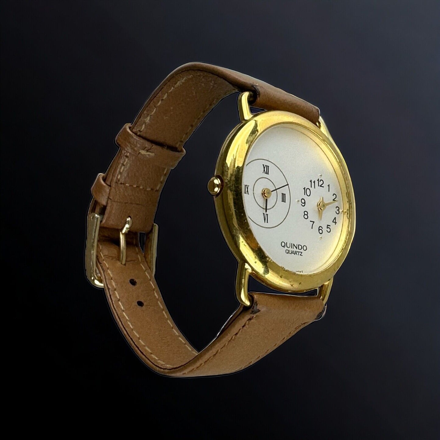 Quindo Dual Zone Watch Gold Two Displays with new Batteries in Original Box