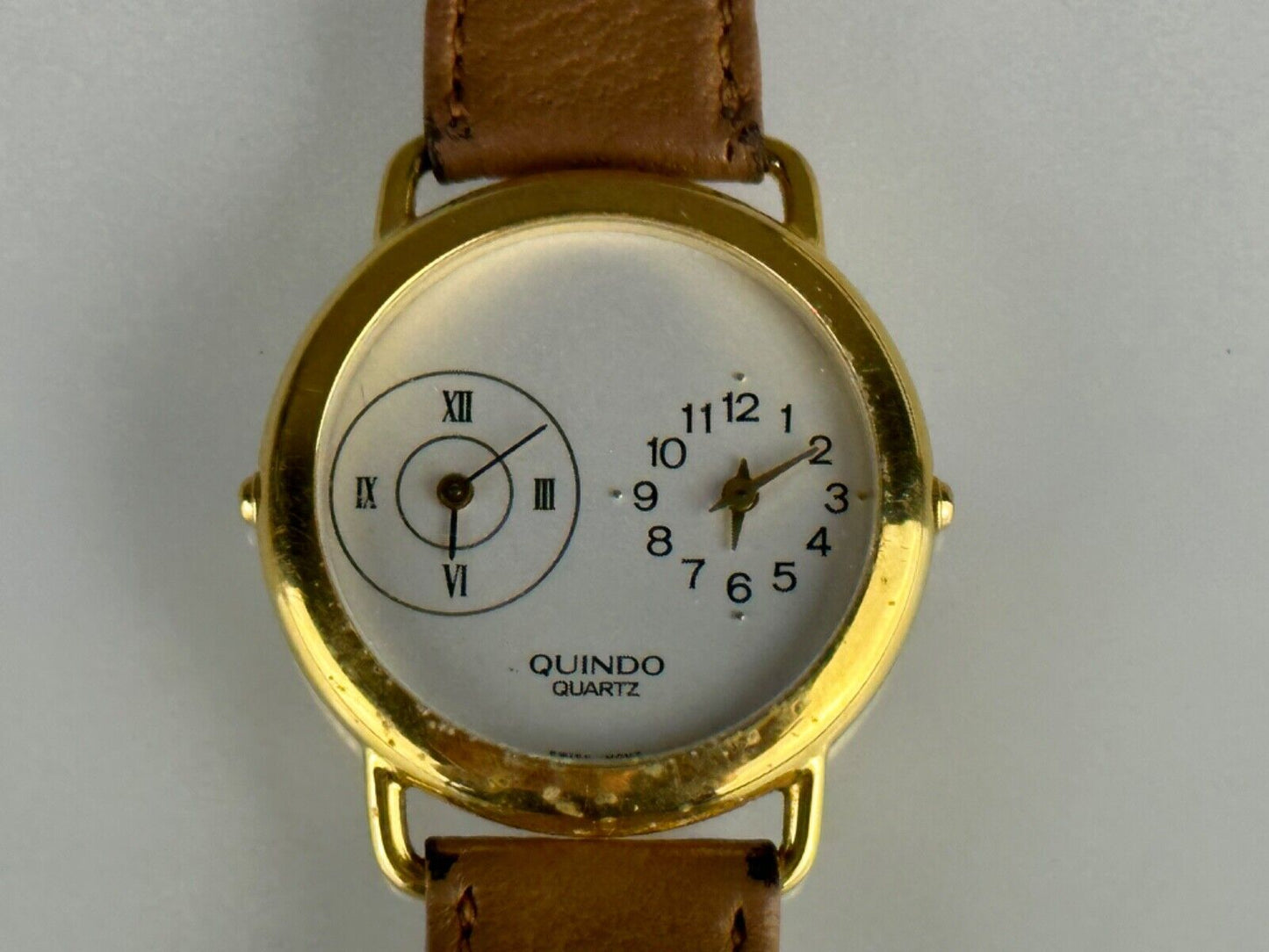 Quindo Dual Zone Watch Gold Two Displays with new Batteries in Original Box