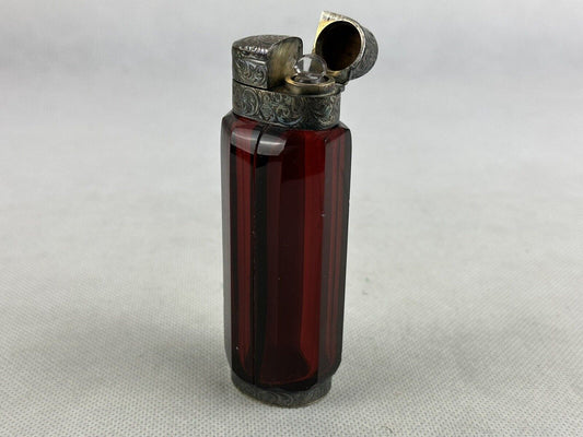 Sampson Mordan & Co Perfume Bottle Vinaigrette Rubin Red Two Slots Glass Antique