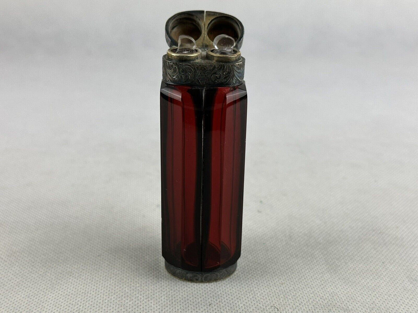 Sampson Mordan & Co Perfume Bottle Vinaigrette Rubin Red Two Slots Glass Antique