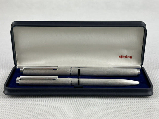 Rotring 2x Ballpoint Pens Silver Metal Brushed Incl. Original Box Vintage