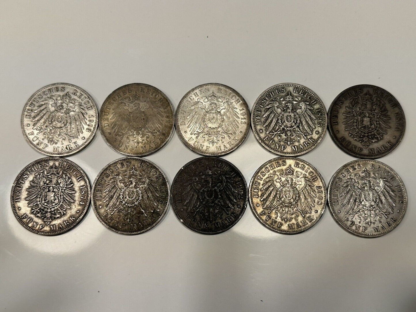 German Reich 10x 5 Mark Kaiserreich 1874-1913 Silver Coins Lot