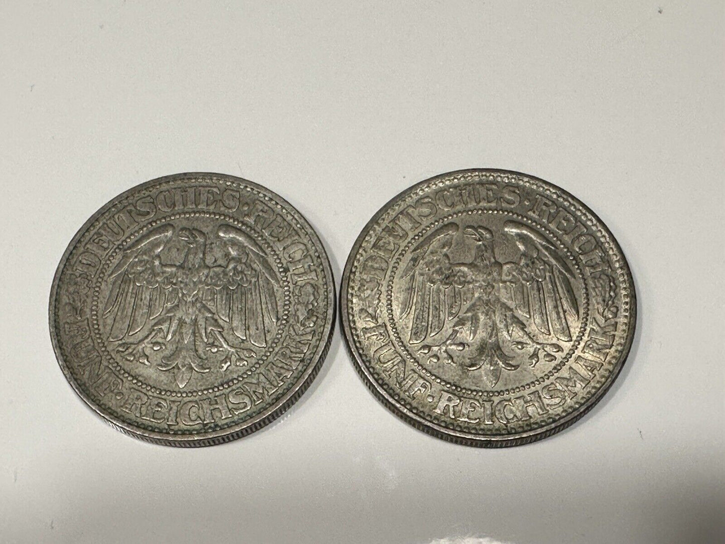German Reich 2x 5 Reichsmark 1927 D & 1929 D Silver Coins  Weimarer Republic