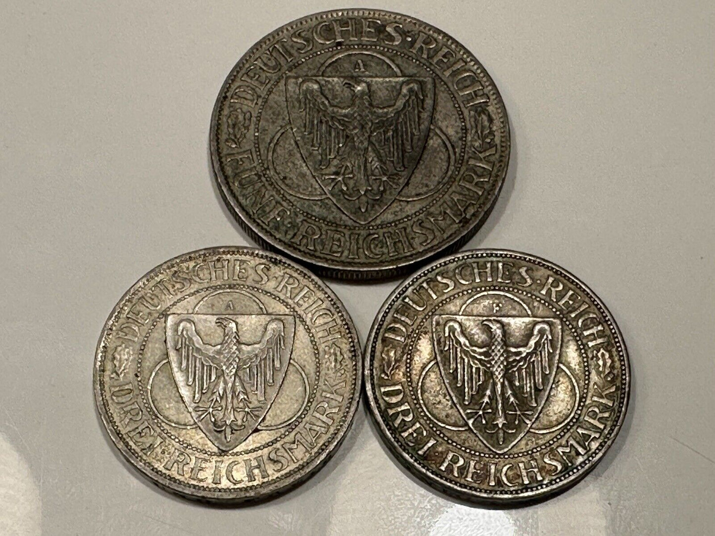 German 5 Reichsmark 1930 A & 2x 3 Reichsmark 1930 A & F Silver Coins