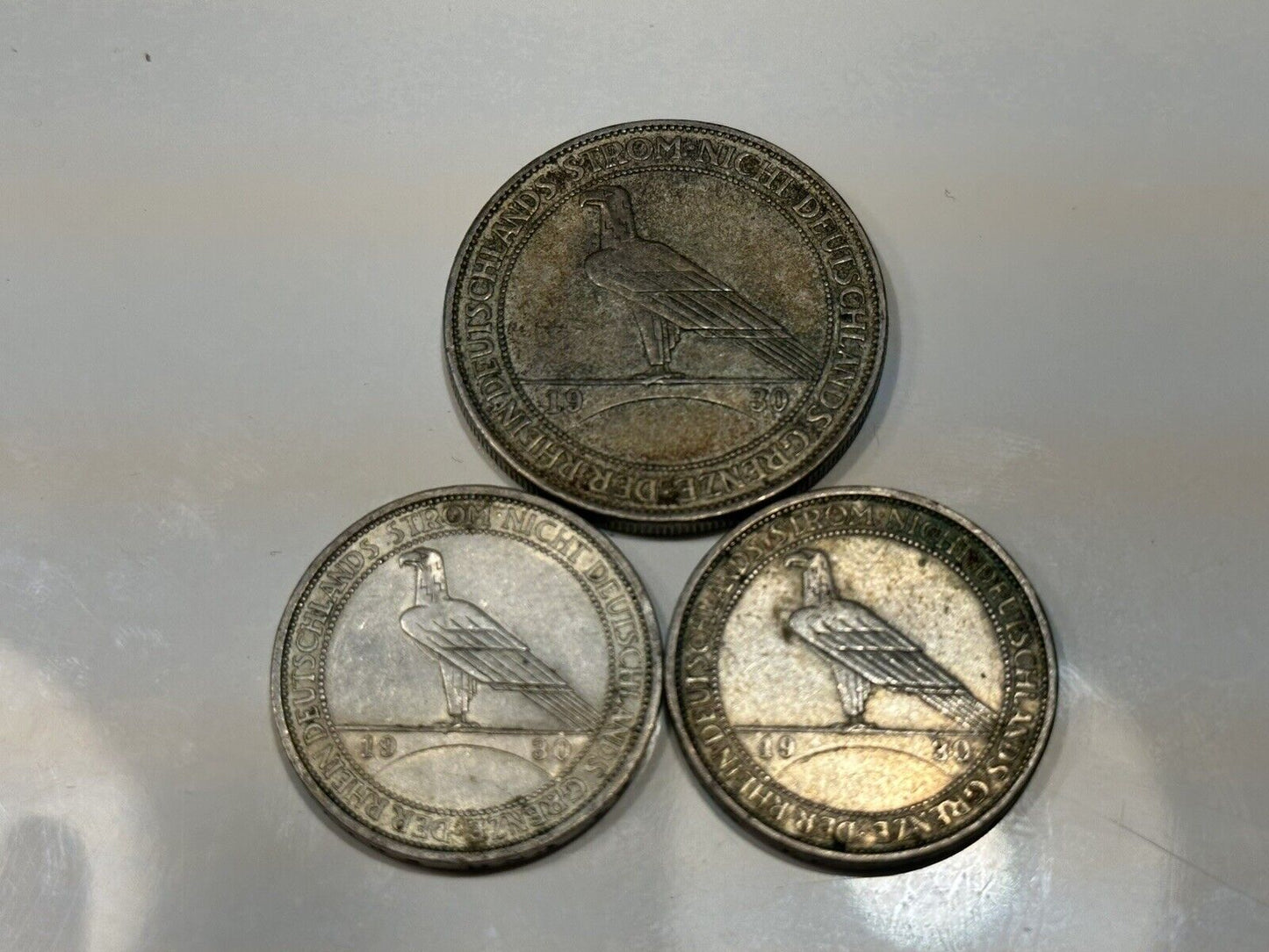 German 5 Reichsmark 1930 A & 2x 3 Reichsmark 1930 A & F Silver Coins