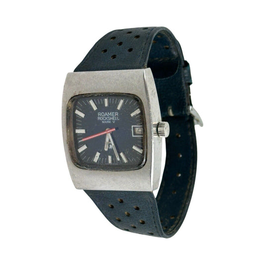 Roamer Rockshell Mark V Automatic Silver Blue 36mm Working Swiss 70’s Vintage