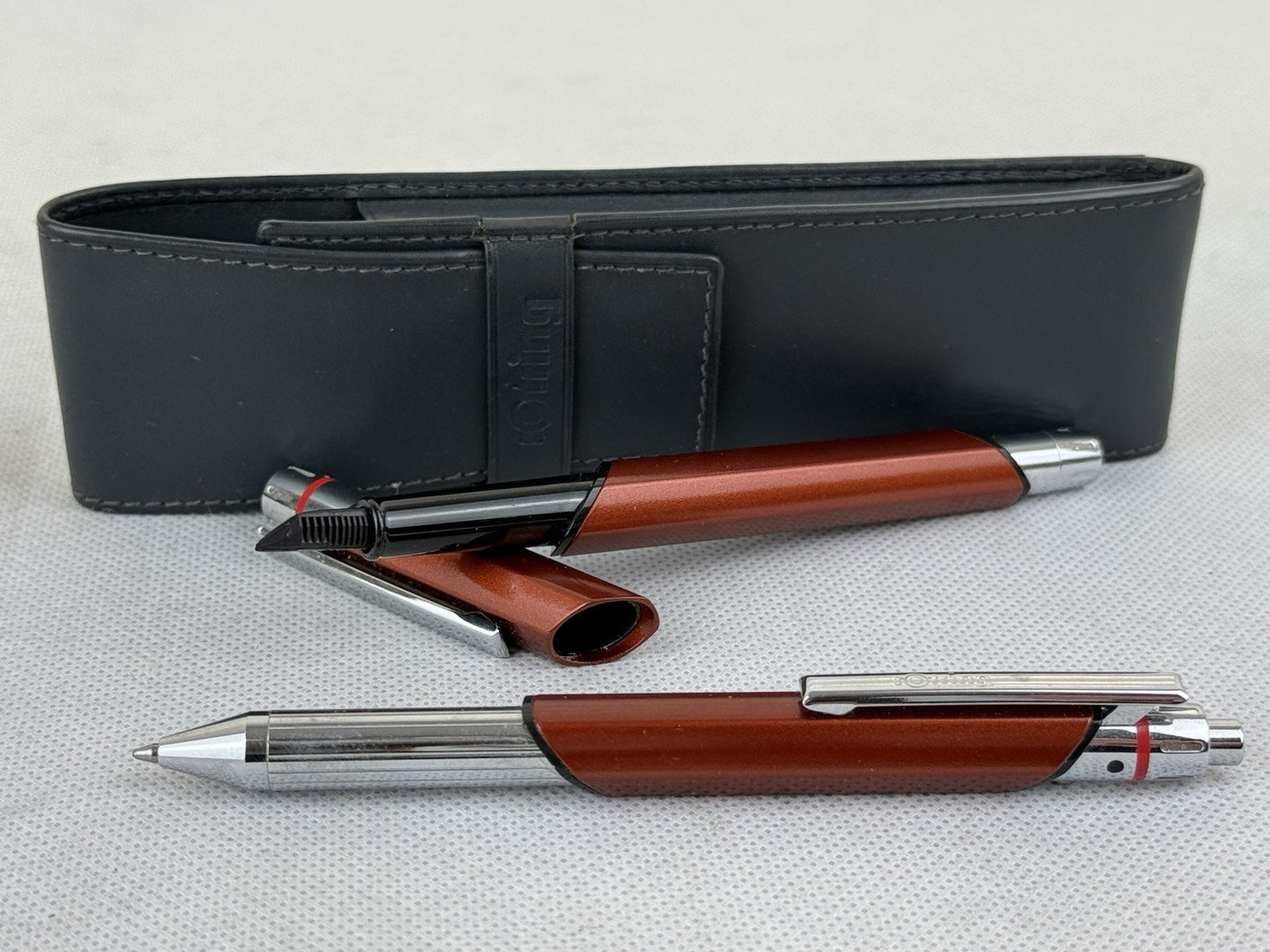 Rotring Newton Fountain Pen & 3 In 1 Ballpoint Pen Bronze With Original Case