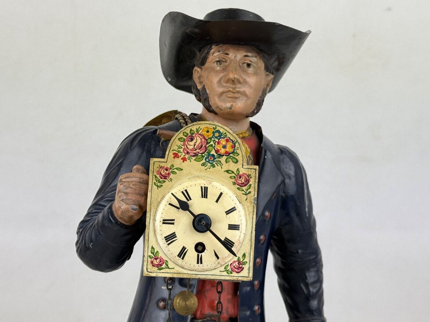 Antique Cast Iron Painted Figural Clock Maker Statue 12“