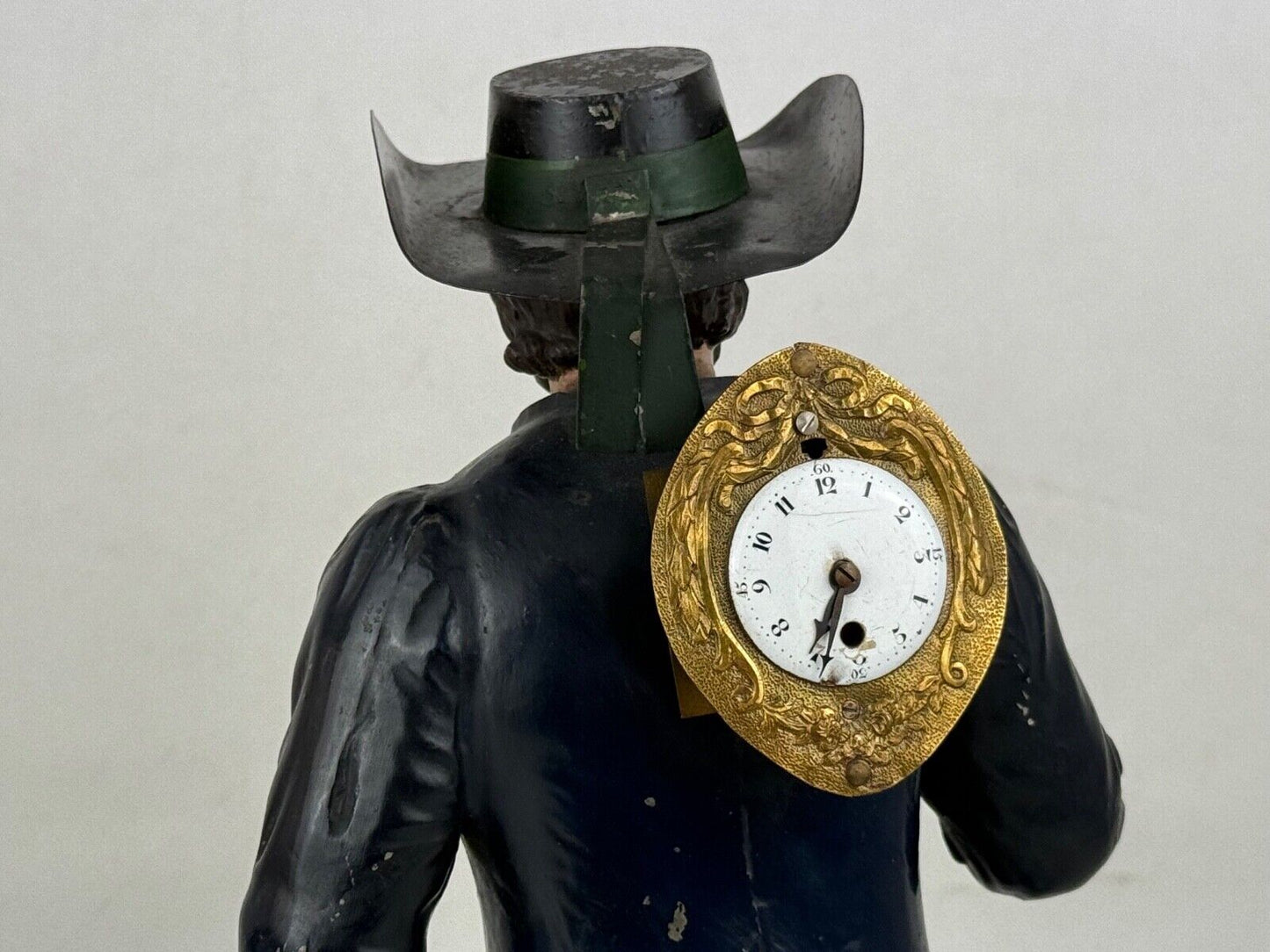 Antique Cast Iron Painted Figural Clock Maker Statue 12“