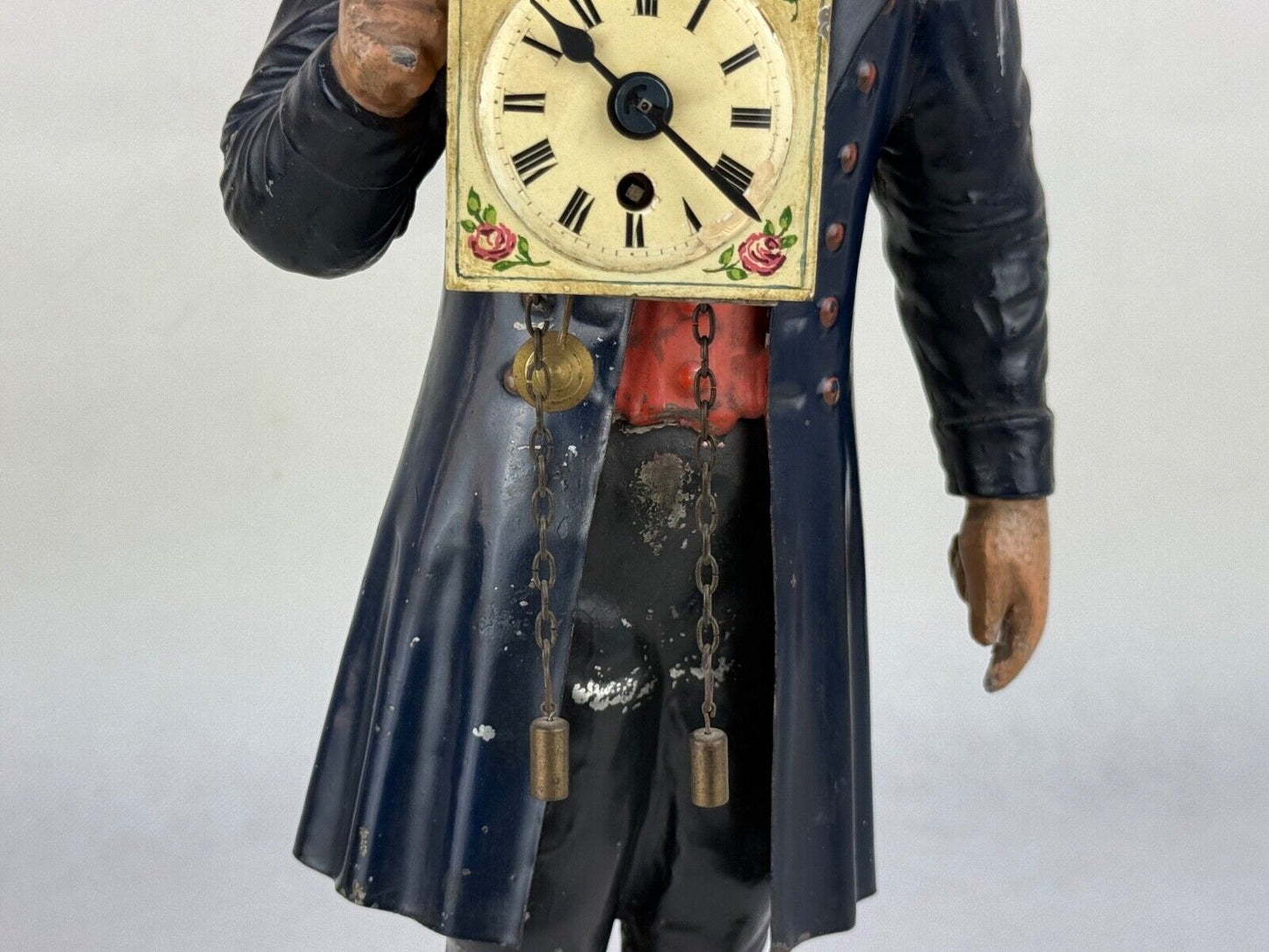 Antique Cast Iron Painted Figural Clock Maker Statue 12“
