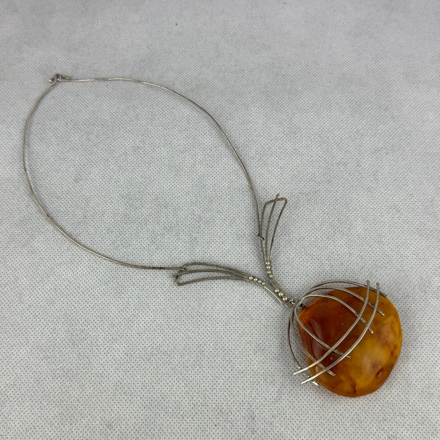Vintage Large Baltic Amber Statement Necklace Massive Amber Pendant Modernist Design 42.8g
