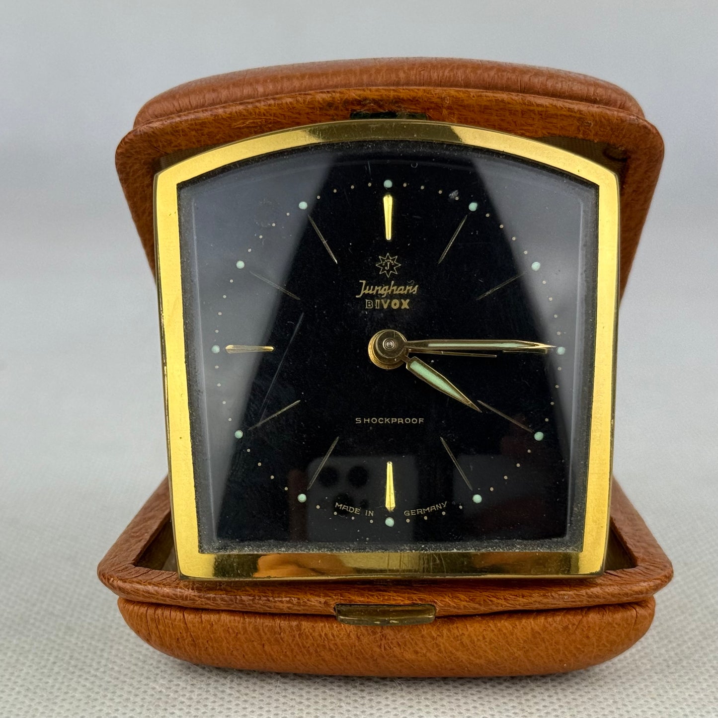 Junghans Bivox Vintage Travel Alarm Clock Black Dial Leather Case Germany