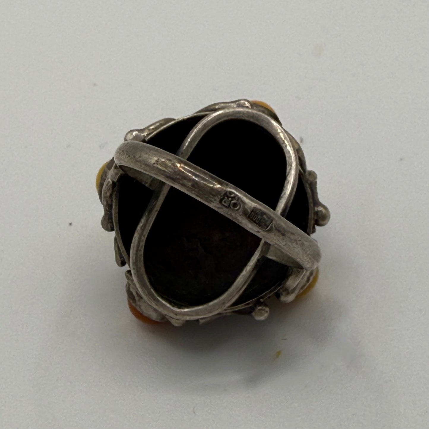 Vintage Silver Ring with Amber Cabochons 800 Silver 8.78g