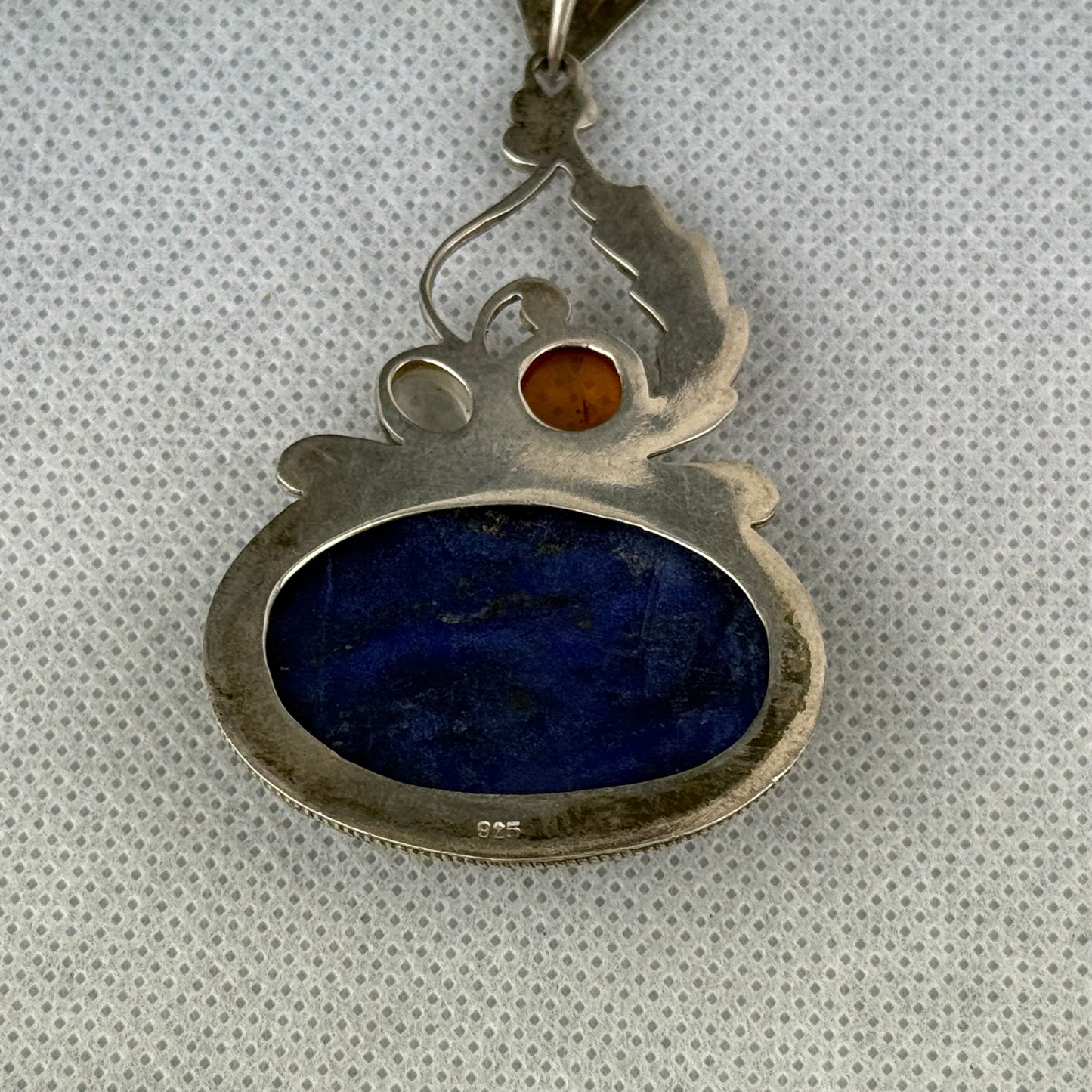 Large Vintage 925 Sterling Silver Lapis Lazuli Amber Moonstone Pendant Necklace 90 cm