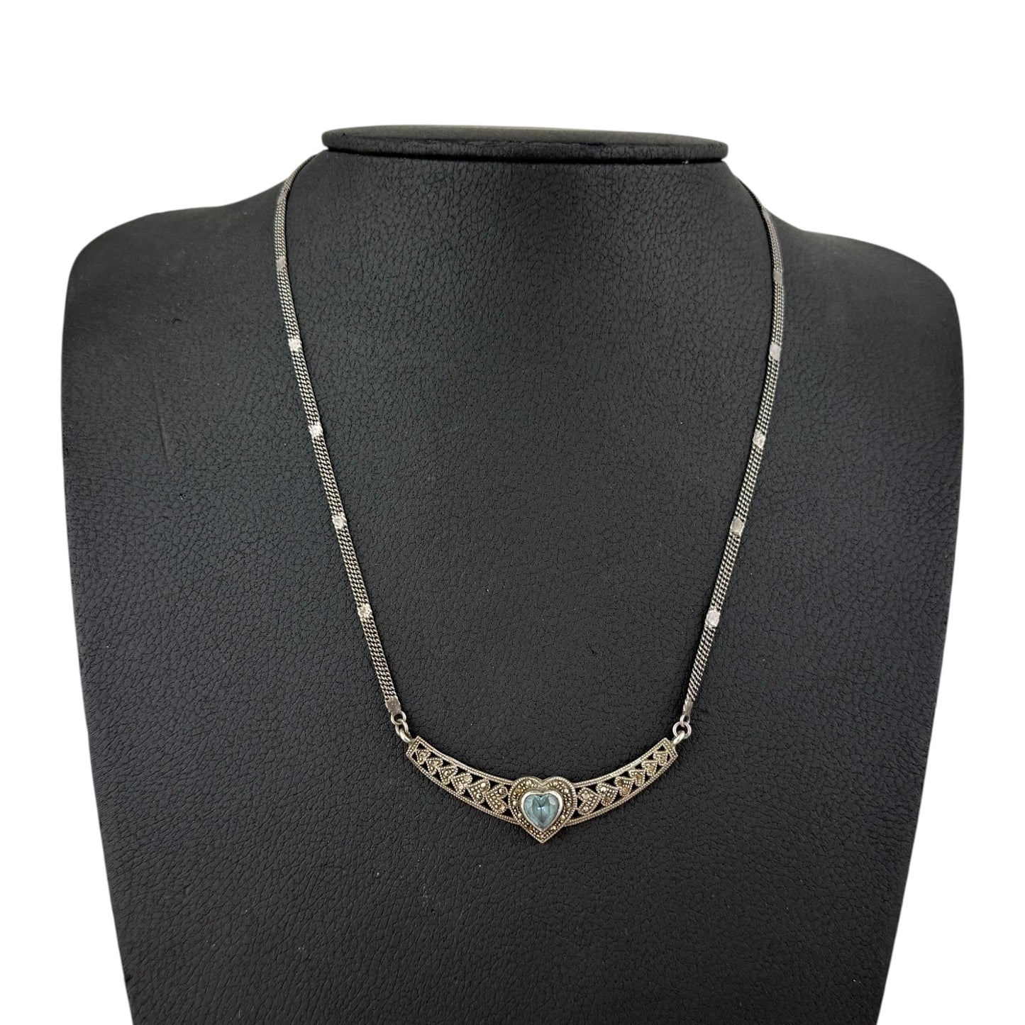 Vintage 925 Sterling Silver Heart Necklace Blue Gemstone Marcasite 11 g
