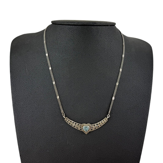 Vintage 925 Sterling Silver Heart Necklace Blue Gemstone Marcasite 11 g