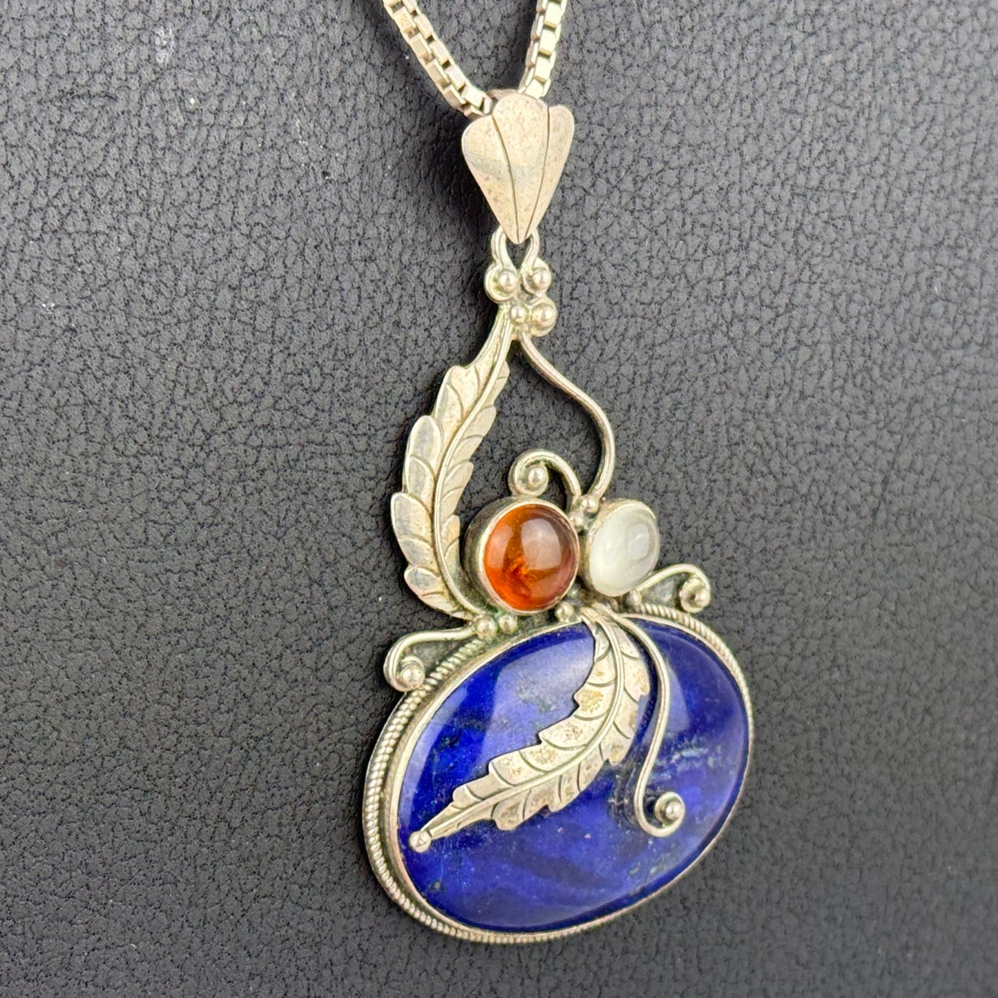 Large Vintage 925 Sterling Silver Lapis Lazuli Amber Moonstone Pendant Necklace 90 cm