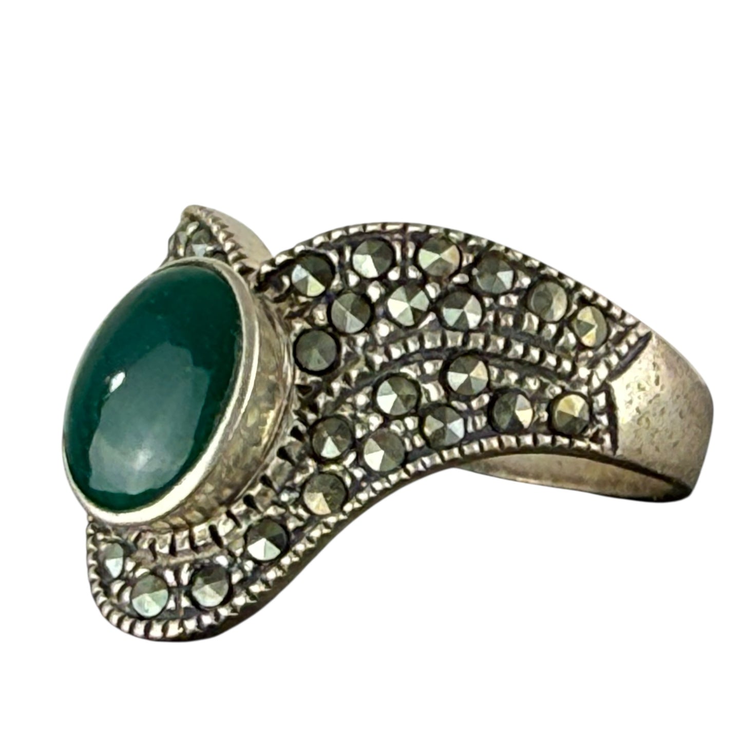 925 Sterling Silver Green Onyx Marcasite Ring Vintage Art Deco Size 60