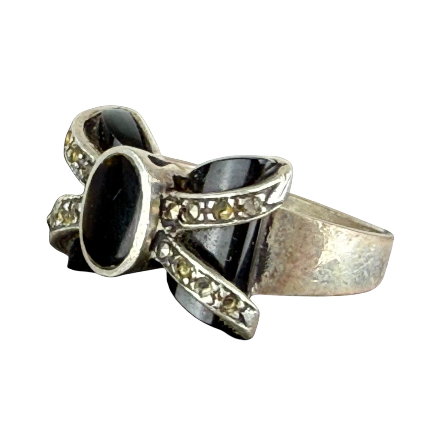 925 Sterling Silver Onyx Marcasite Bow Ring Size 57 Vintage Statement Ring