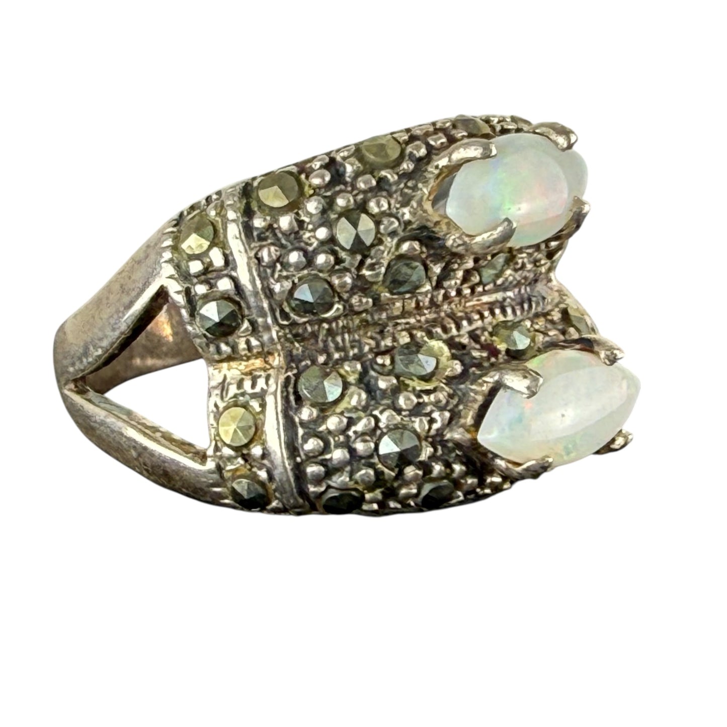 925 Sterling Silver Opal Marcasite Ring Vintage Art Deco Style Size 59