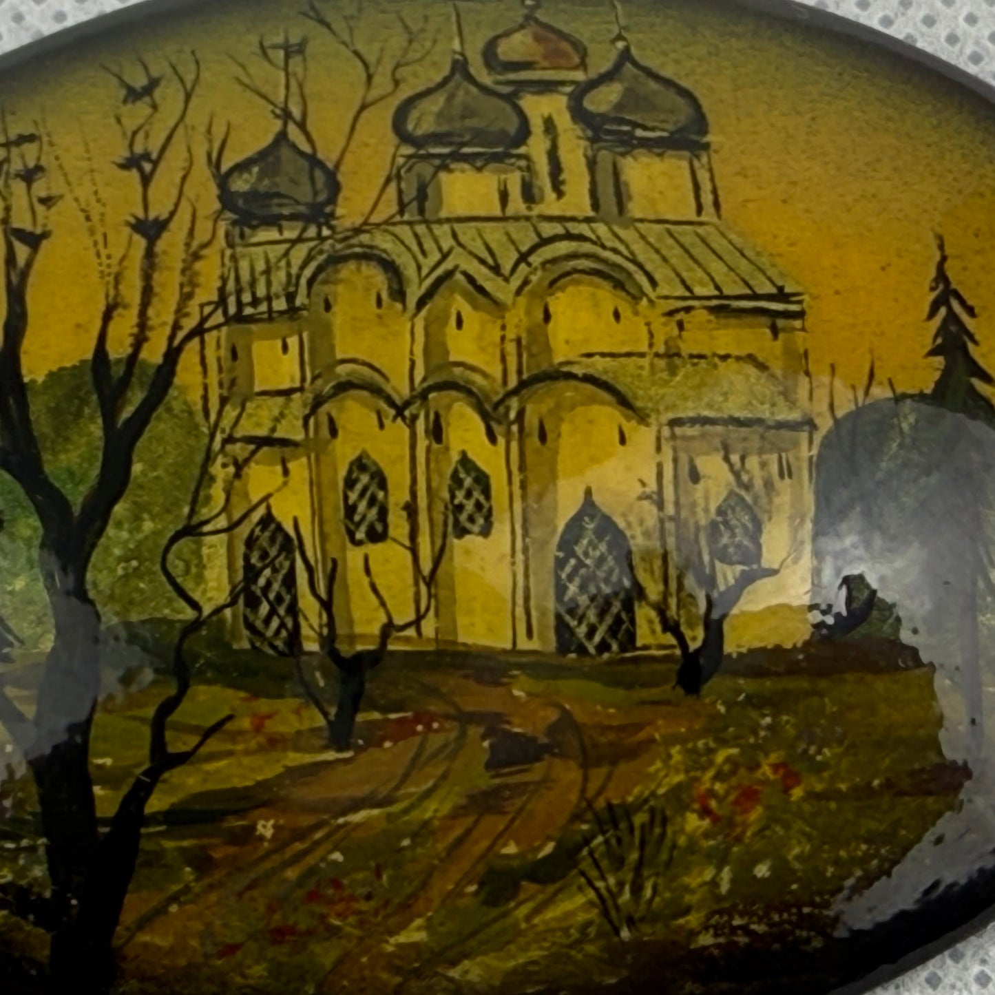 Vintage Fedoskino Lacquer Brooch Signed Popov Russian Hand Painted Church Landscape 7.5 x 5 cm