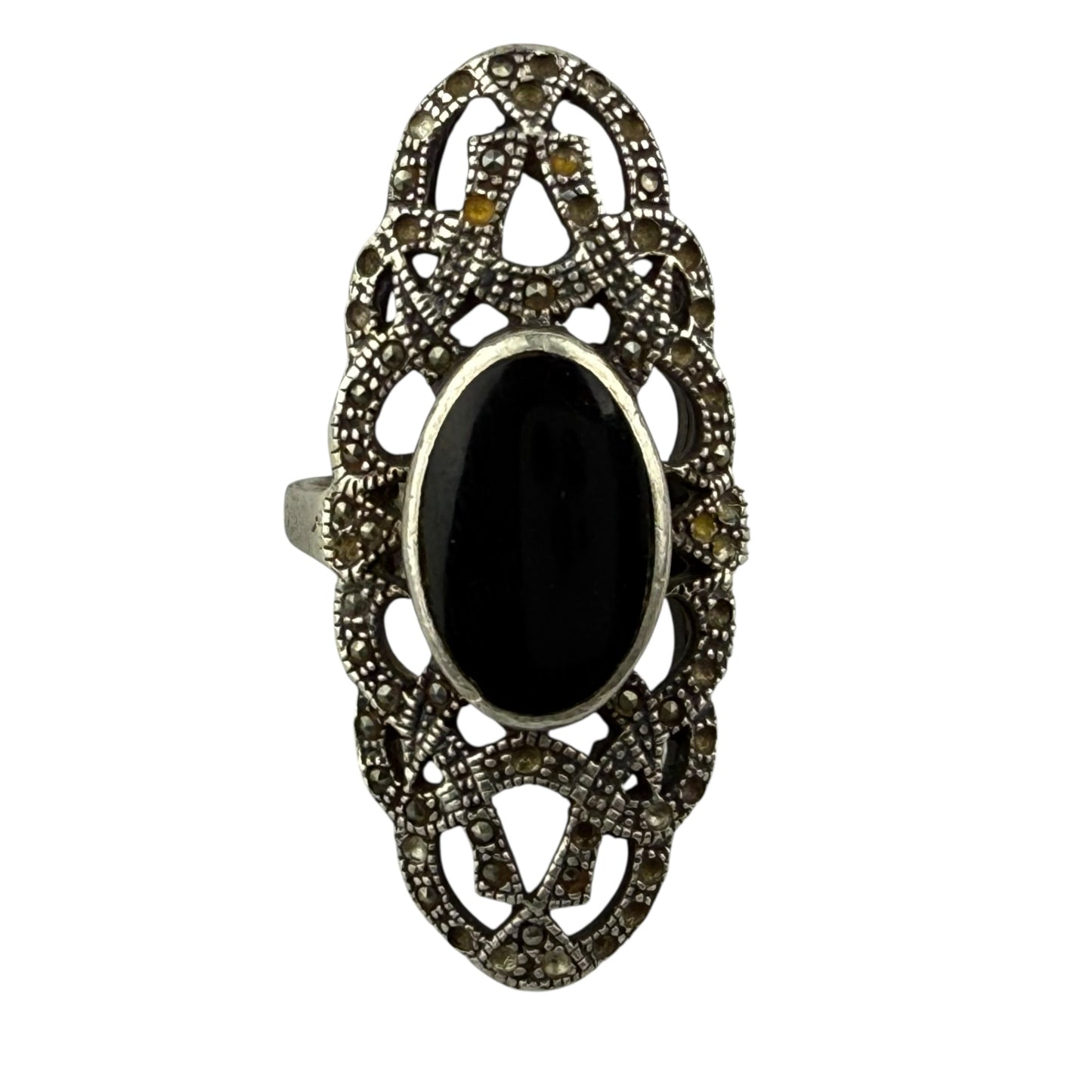 Vintage 925 Sterling Silver Onyx Marcasite Ring Size 57 Art Deco 9.8 g