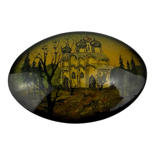 Vintage Fedoskino Lacquer Brooch Signed Popov Russian Hand Painted Church Landscape 7.5 x 5 cm