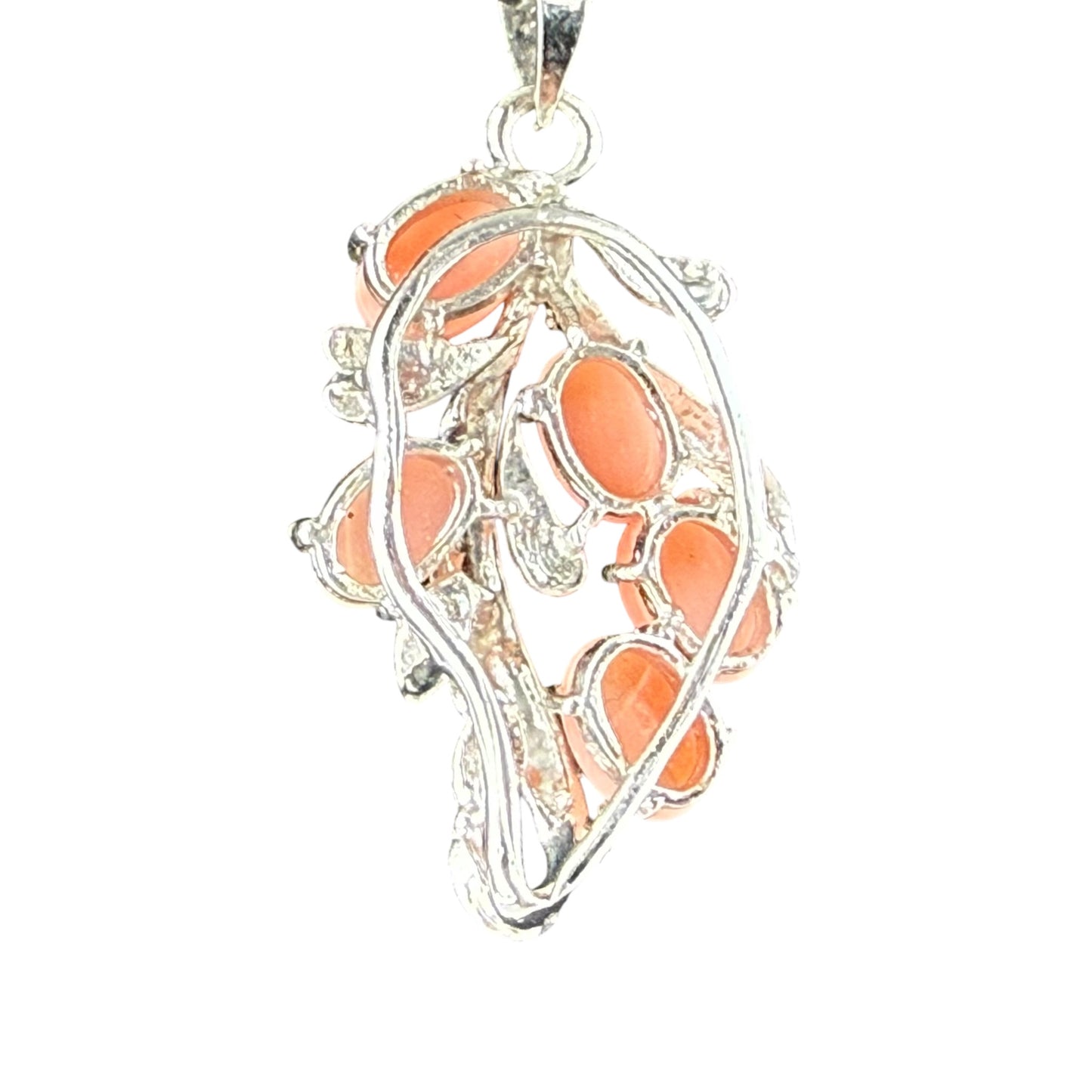 925 Sterling Silver Coral Pendant Necklace Vintage Leaf Design Pink Coral 50cm