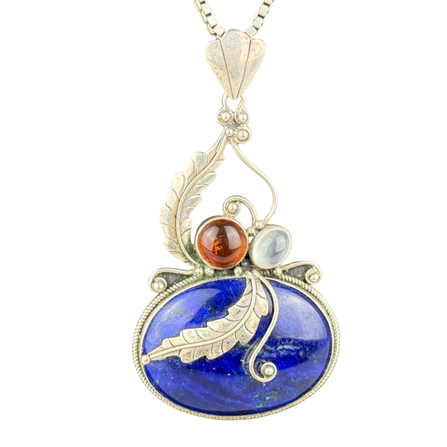 Large Vintage 925 Sterling Silver Lapis Lazuli Amber Moonstone Pendant Necklace 90 cm